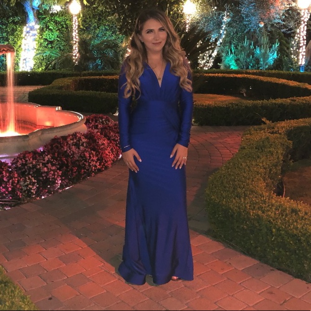 Long sleeve Eva Meje gown in royal blue